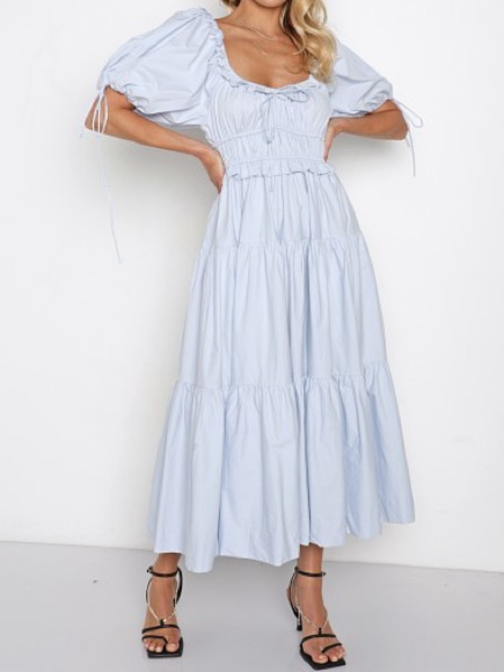 En saison - Poplin Tiered Midi Dress Light Blue